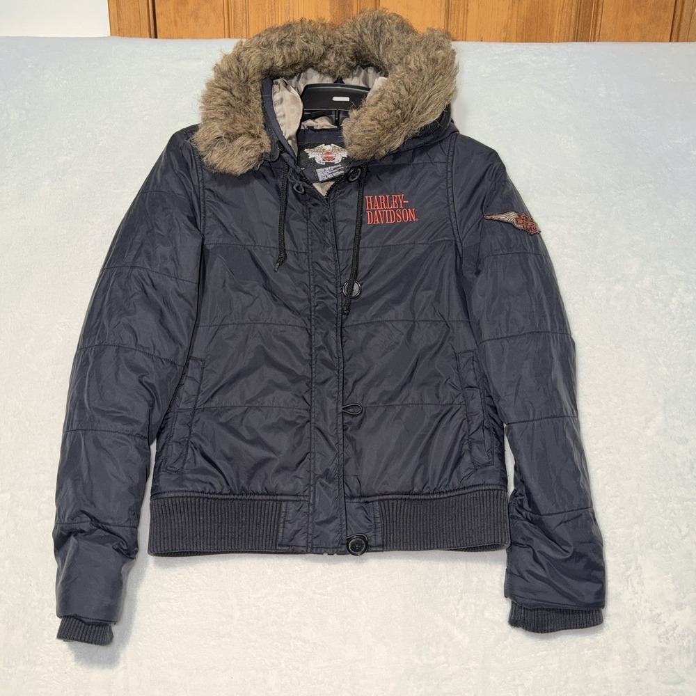 Harley Davidson Womens Small Quilted Puffer Coat Jacket Cycle Faux Fur Collar